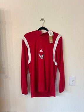 adidas Men’s Red Long-Sleeve Hooded Sweatshirt with White Accents